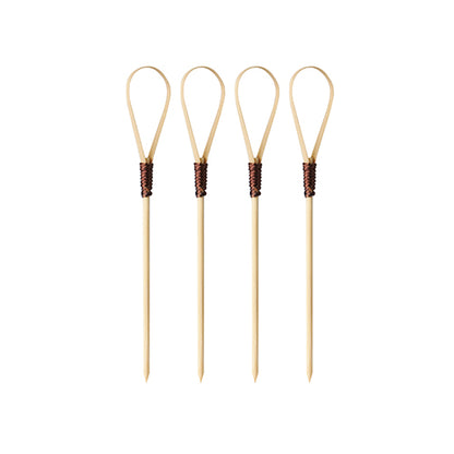Four PAPSTAR 100 Fingerfood - Cocktail Picks from PAPSTAR GmbH with loop heads and dark brown wrapping, lined up on a white background - ideal for stylish serving at your next event.