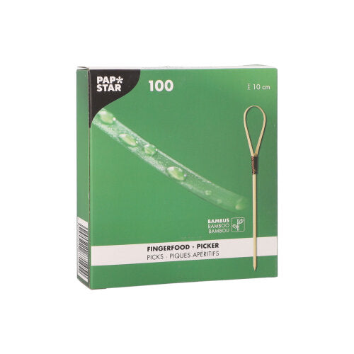 A green box by PAPSTAR GmbH with the inscription "PAPSTAR 100 Fingerfood - Picker" contains 100 finger food picks and is equipped with a pick, bamboo with droplets, and multilingual text - ideal for the writable chalkboard decoration at any event.