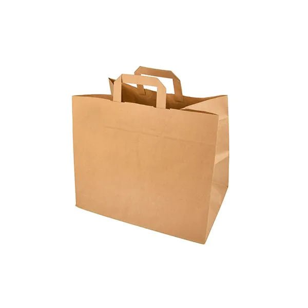 The PAPSTAR GmbH 50 carrier bags paper with handle, in plain brown with flat handles, is depicted upright against a white background, highlighting the eco-friendly design and the spacious empty sides and bottoms.