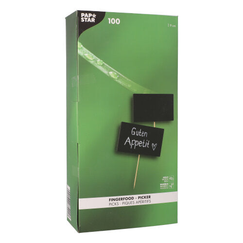 A green "PAPSTAR 100 Fingerfood - Picker" box from PAPSTAR GmbH shows two bamboo picks with writable chalkboard signs - one reads "Bon Appetit" with a heart.