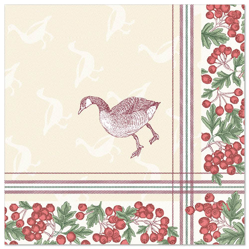 The PAPSTAR 50 napkins "ROYAL Collection" from PAPSTAR GmbH features a goose sketch in the center, a checkered border, clusters of red berries with green leaves on the edge, and subtle goose silhouettes in the background (40 x 40 cm, 1/4-fold).