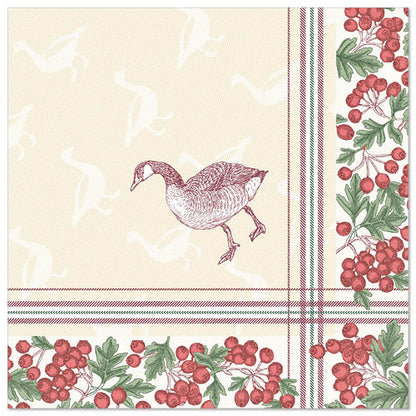 The PAPSTAR 50 napkins "ROYAL Collection" from PAPSTAR GmbH features a goose sketch in the center, a checkered border, clusters of red berries with green leaves on the edge, and subtle goose silhouettes in the background (40 x 40 cm, 1/4-fold).