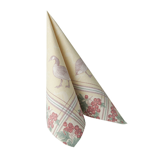 The napkin PAPSTAR 50 napkins "ROYAL Collection" from PAPSTAR GmbH features a goose illustration with red berries and green leaves on a cream background with checkered accents, folded in 1/4-fold, size 40 x 40 cm.