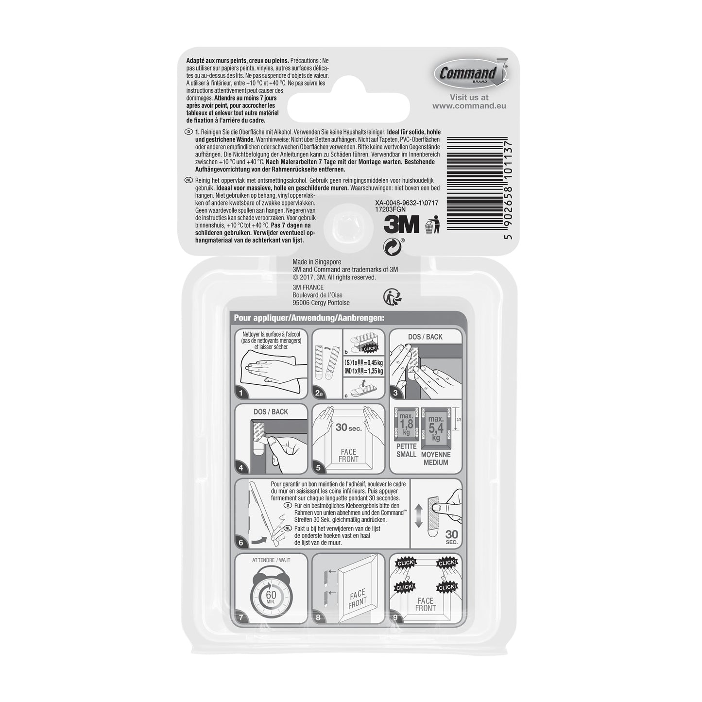 Back of 3M Deutschland GmbH small and medium-sized Command™ Picture Hanging Strips, value pack, 17203 packaging with multilingual instructions, barcode, and diagrams for easy mounting and picture hanging without drilling or nails.