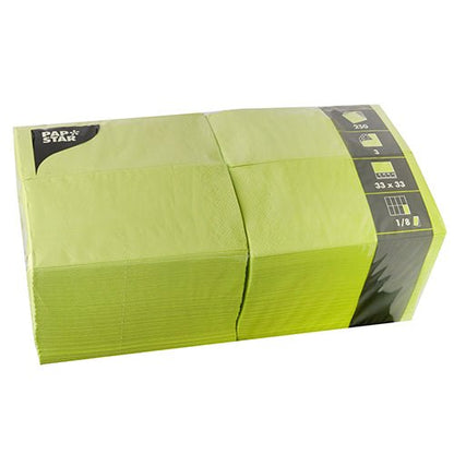 A sealed package PAPSTAR 250 napkins, 3-ply, 1/8-fold PAPSTAR The package contains 250 napkins (33 x 33 cm) in a clear plastic sleeve with black-and-yellow label information.