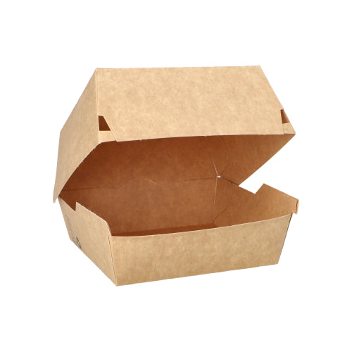 The PAPSTAR 80 burger boxes of PAPSTAR GmbH are brown cardboard containers ("100% Fair"), depicted open and empty on a white background - perfect for eco-restaurants looking for sustainable burger boxes.