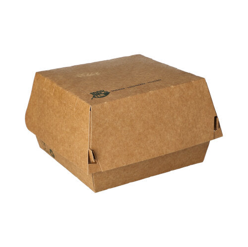 The PAPSTAR 80 burger boxes made of brown cardboard "100% Fair" from PAPSTAR GmbH are eco-friendly, rectangular food containers with a flip-top lid and tabs - optimal for sustainable catering businesses.