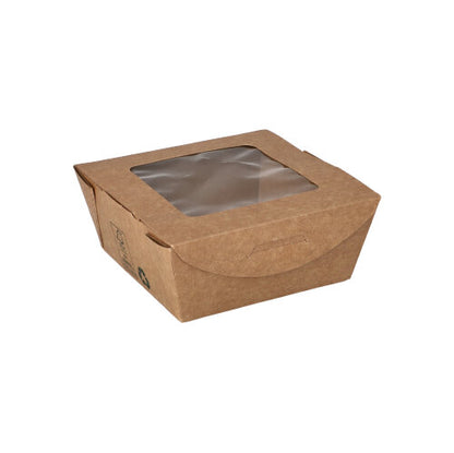 A brown delicatessen box made of cardboard with a clear PLA viewing window from PAPSTAR GmbH, model "pure", rectangular, 100% Fair. The box is closed, has simply folded edges, and is made of environmentally friendly materials.