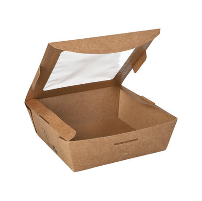 A brown, rectangular PAPSTAR delicatessen box square food container (650 ml) with a clear viewing window, partially open hinged lid, depicted on a white background. "100% Fair" | 40 pieces | Brand: PAPSTAR GmbH.