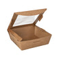 A brown, rectangular PAPSTAR delicatessen box square food container (650 ml) with a clear viewing window, partially open hinged lid, depicted on a white background. "100% Fair" | 40 pieces | Brand: PAPSTAR GmbH.