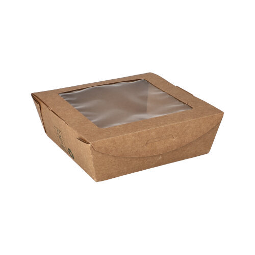 The PAPSTAR delicatessen boxes square, brown with viewing window, 650 ml, "100% Fair" (40 pieces) made from eco-friendly film by PAPSTAR GmbH are ideal as disposable packaging and are presented against a white background.