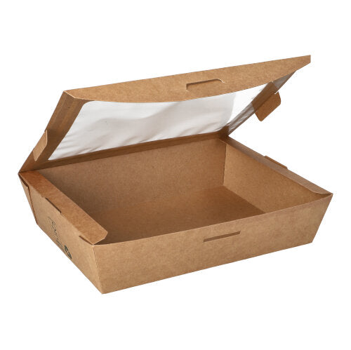 The PAPSTAR 40 delicatessen boxes from PAPSTAR GmbH are a brown, rectangular take-away box made of cardboard with a PLA window, folded edges, and a flap lid. Made from 100% fair materials, it is environmentally friendly and practical for food packaging.