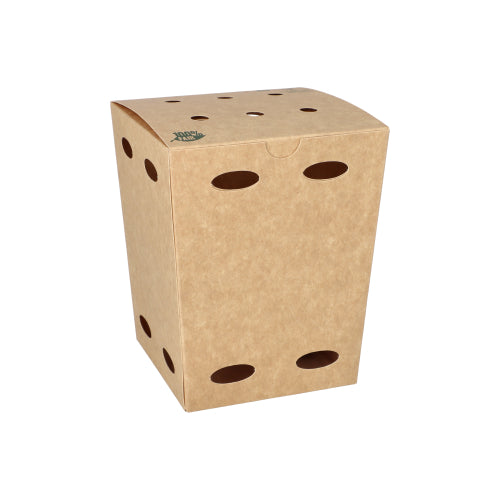 A closed PAPSTAR 50 French fry boxes made of "pure" brown cardboard ("100% fair") by PAPSTAR GmbH with rounded side and top ventilation holes, depicted on a white background, impresses with a simple, environmentally friendly design.