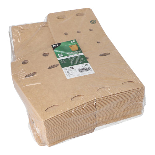 50 brown PAPSTAR French fry boxes made of "pure" cardboard, 100% fairly produced, with ventilation holes and a green-white label – environmentally packaged in a pack of 50 by PAPSTAR GmbH.