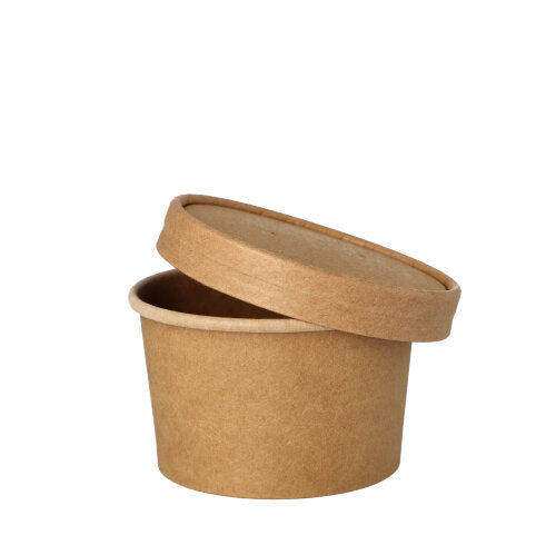 A PAPSTAR round soup cup, 230 ml, brown, with a matching lid, slightly tilted on the cup (25 pieces), is photographed against a white background - ideal for soups and snacks.