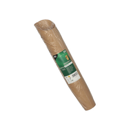 Auf weißem Hintergrund ist eine schräg liegende Rolle brauner PAPSTAR 50 Wrap Cups (Pappe braun) abgebildet, die in Klarsichtfolie eingewickelt sind und ein grün-weißes Etikett der PAPSTAR GmbH tragen.