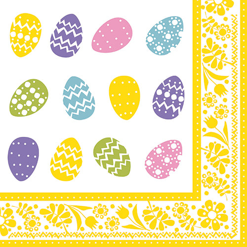 The PAPSTAR napkins "Colorful Eggs" (40x40 cm, 1/4 fold, 50 pieces) from PAPSTAR GmbH feature twelve colorful Easter eggs with various patterns on a white background and a yellow floral border.