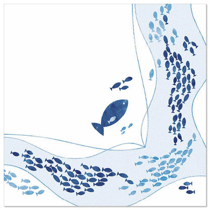 A stylized illustration of small and large blue fish on white adorns the PAPSTAR 50 napkins "ROYAL Collection" 1/4-fold 40 x 40 cm design by PAPSTAR GmbH.