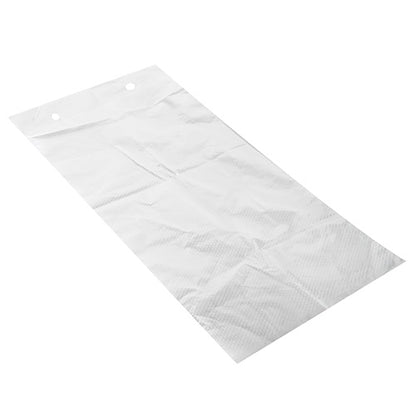 On a white surface lies a flat, transparent, rectangular Starpak 2000 flat bag (CPP crystal clear flame perforated, blocked à 100 bags) with a textured surface and two holes near the top edge.