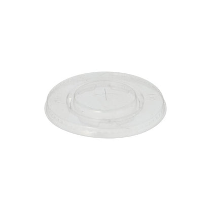 The PAPSTAR Round lid, Ø 9.5 cm, crystal clear, made of biodegradable PLA "pure" with a cross-slot opening measuring PAPSTAR The GmbH is round with a slightly raised center and comes in a pack of 100.