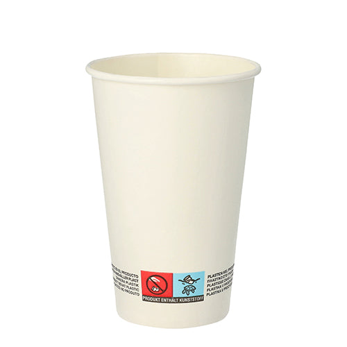 A simple, white PAPSTAR 50 paper cup, 0.3 l cardboard from PAPSTAR GmbH, made of sturdy cardboard with a warning notice and recycling symbols at the bottom area, depicted on a white background.