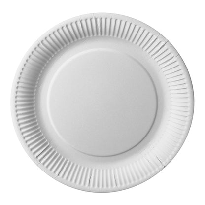 The round white plate "pure" (PAPSTAR 12 plates, cardboard) from PAPSTAR GmbH is made of recycled cardboard, has a smooth center and a textured edge when viewed from above – an environmentally friendly choice for any event.