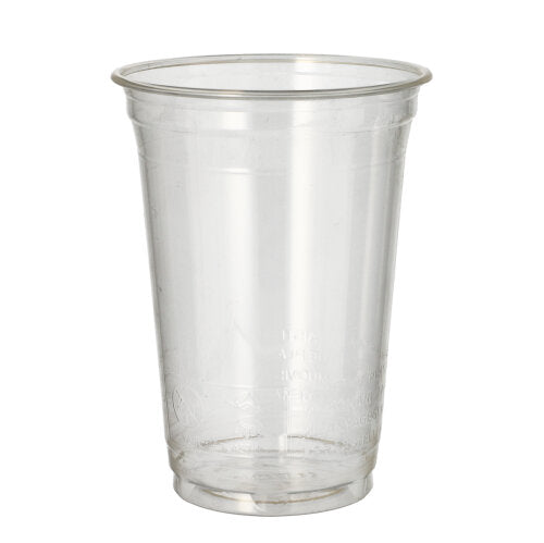 A PAPSTAR cold drink cup PLA "pure" (Ø 9.5 cm, 12.7 cm; 65 pieces) from PAPSTAR GmbH stands crystal clear and empty on a white background - ideal as a biodegradable cup for environmentally friendly cold drinks.