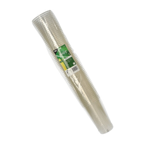 Ein Stapel PAPSTAR 60 Kaltgetränkebecher aus PLA „pure“, 0,5 l, glasklar, ist in transparenter Folie mit grünem Etikett und Barcode von PAPSTAR GmbH als hohe Säule verpackt.