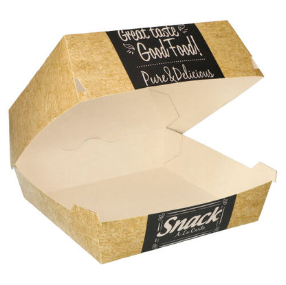 A brown, rectangular PAPSTAR GmbH burger box made of cardboard "pure" with a partially open lid. The black-and-white labels read "Great Taste Good Food," "Pure & Delicious," and "Snack A La Carte." The package contains 50 boxes.