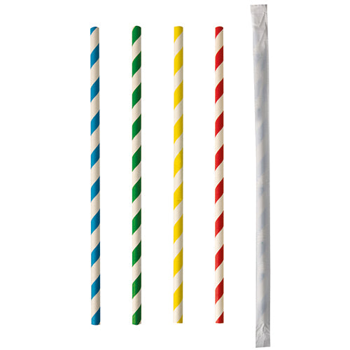 Five PAPSTAR 100 paper straws (Ø 6 mm) by PAPSTAR GmbH in diagonal blue, green, yellow, and red stripes and one individually wrapped straw in front of a white background - all presented vertically.