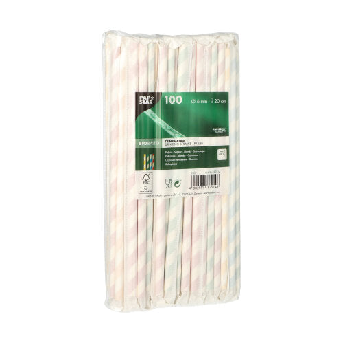 A pack of 100 PAPSTAR straws paper, Ø 6 mm x 20 cm, pastel striped from PAPSTAR GmbH is in a clear plastic with a green and white label with product details.
