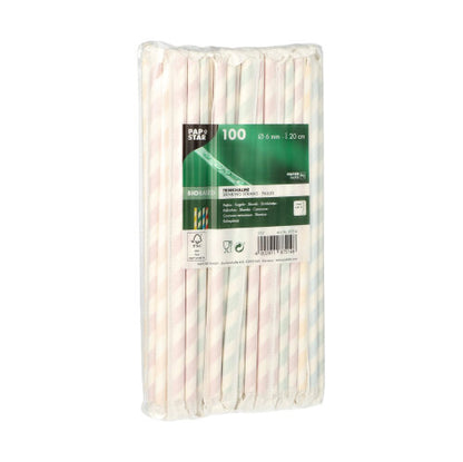 A pack of 100 PAPSTAR straws paper, Ø 6 mm x 20 cm, pastel striped from PAPSTAR GmbH is in a clear plastic with a green and white label with product details.