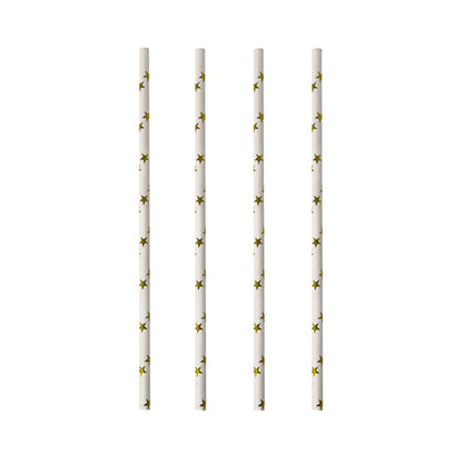 Four PAPSTAR 100 straws (Ø 6 mm) by PAPSTAR GmbH with yellow star patterns are arranged vertically on a white background.