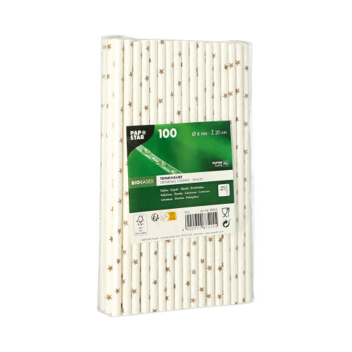 A pack of 100 PAPSTAR 6 mm straws made of white paper with gold stars, individually wrapped in clear plastic. The green label indicates the brand PAPSTAR GmbH, the quantity, and the note that these eco-friendly straws are made of paper.