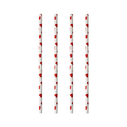 Four PAPSTAR 100 paper straws by PAPSTAR GmbH with small red hearts stand vertically in a row on a white background, showcasing the brand's sustainable design.