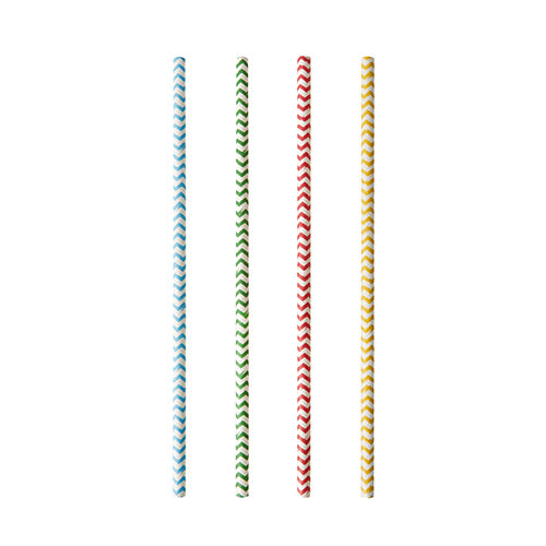 Four PAPSTAR paper straws (Ø 6 mm, colorful zigzag pattern in blue, green, red, and yellow) by the brand PAPSTAR GmbH are arranged vertically on a white background. The pack contains 100 eco-friendly straws.