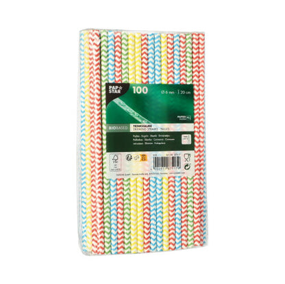 The PAPSTAR 100 straws from PAPSTAR GmbH are eco-friendly paper straws (Ø 6 mm) in red, yellow, blue, and green zigzag pattern, packed in clear plastic with a green and white label.