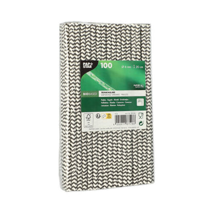 A package of 100 PAPSTAR 6 mm paper straws - black and white striped, from PAPSTAR GmbH - in a biodegradable package with a green label with product information in multiple languages.