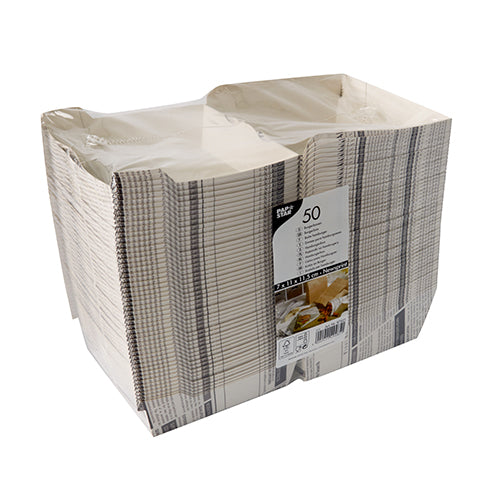 Eine versiegelte Packung mit 50 PAPSTAR Burgerboxen "Newsprint" groß (7,8x11x11,5 cm) der PAPSTAR GmbH, aus stabiler Pappe, mit gestreiftem Zeitungspapiermotiv und Produktetikett, eingeschweißt in teiltransparente Schrumpffolie.