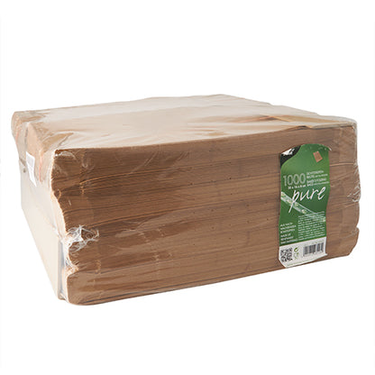 A stack of PAPSTAR 1000 viewing strip bags with PLA window "pure", brown from PAPSTAR GmbH, packed in an eco-friendly packaging with a green-white label with product information, barcode, and a PLA window for easy display.