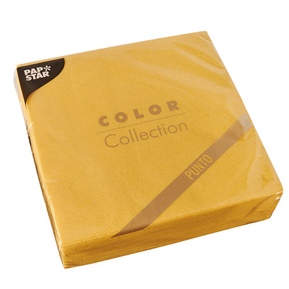 Pictured is a sealed pack of 30 PAPSTAR napkins, 2-ply "PUNTO" 1/4 fold (38x38 cm) from PAPSTAR GmbH, in yellow with "Color Collection" and "PAPSTAR" lettering, ideal for table decoration, on a white background.