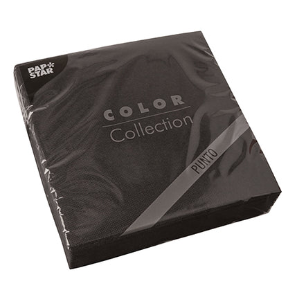 A pack of 30 black PAPSTAR 2-ply napkins "PUNTO" (38x38 cm, 1/4 fold) from PAPSTAR GmbH – ideal for an elegant table decoration and neatly packed in clear foil.