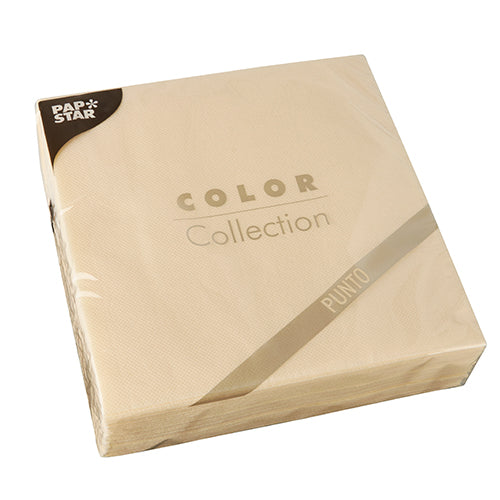 A sealed pack of 30 PAPSTAR napkins, 2-ply "PUNTO" 1/4 fold (38 x 38 cm), from PAPSTAR GmbH, with a beige dot pattern design and transparent plastic packaging.