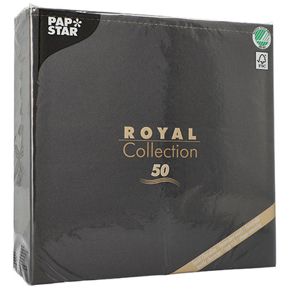 A black package from PAPSTAR GmbH with the inscription "ROYAL Collection 50" (48 x 48 cm, 1/4-fold) shows gold and white text, a green recycling symbol in the upper right corner, and contains 50 high-quality napkins.