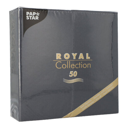 A dark gray package from PAPSTAR GmbH with the inscription "ROYAL Collection 50" and gold-white text contains 50 napkins (1/8-fold, 40x40 cm) for elegant table decoration, shrink-wrapped in clear foil.