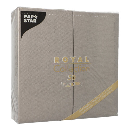 A sealed package with 50 gray PAPSTAR napkins from the "ROYAL Collection", 1/8-fold, 40 x 40 cm – ideal for elegantly set tables.