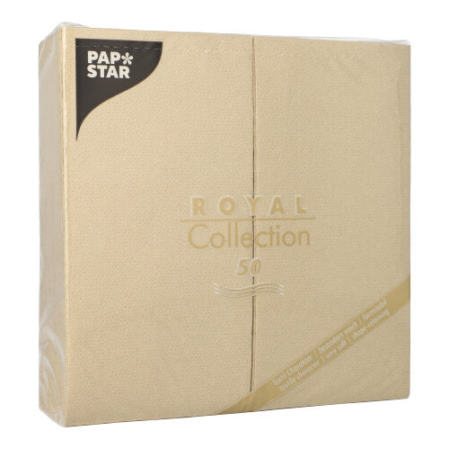 A beige package with 50 napkins "ROYAL Collection" 1/8-fold 40 x 40 cm from PAPSTAR GmbH features a predominantly simple packaging with subtle text and a black label at the top left – ideal for elegant table decoration.