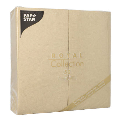 A beige package with 50 napkins "ROYAL Collection" 1/8-fold 40 x 40 cm from PAPSTAR GmbH features a predominantly simple packaging with subtle text and a black label at the top left – ideal for elegant table decoration.