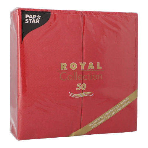 Pictured is a package with 50 red PAPSTAR napkins "ROYAL Collection" 1/8-fold (40 x 40 cm) from PAPSTAR GmbH with gold-white text on a transparent plastic packaging – ideal for elegant table decoration.