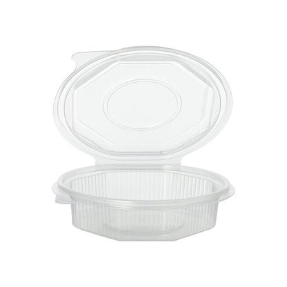 The Starpak 50 packaging cups with hinged lids are transparent, octagonal cups made of polypropylene with a practical hinged lid, depicted open against a white background.